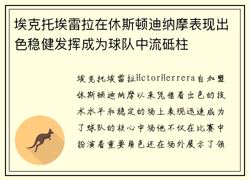 埃克托埃雷拉在休斯顿迪纳摩表现出色稳健发挥成为球队中流砥柱